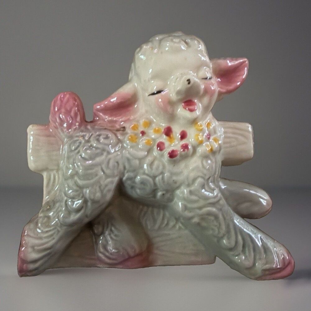 Vintage Ceramic Lamb Leaning Over Fence Planter Retro Nursery Decor